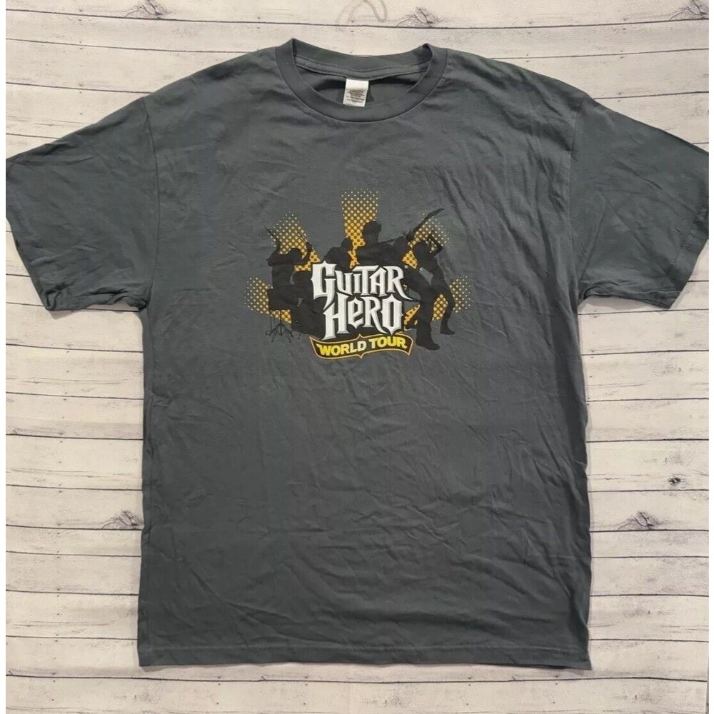 Guitar Hero World Tour Video Game Promo Tee T-Shirt Sz L Gray Y2K 2008 Vintage